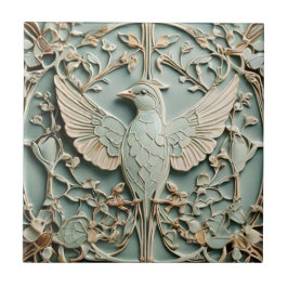 Art nouveau Faux Relief Lämnade Bird Pastel Mint Kakelplatta