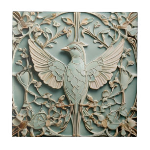 Art nouveau Faux Relief Lämnade Bird Pastel Mint Kakelplatta