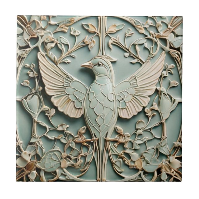 Art nouveau Faux Relief Lämnade Bird Pastel Mint Kakelplatta (Framsidan)
