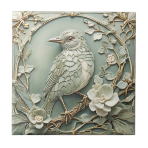 Art nouveau Faux Relief Lämnade Starling Bird Sage Kakelplatta