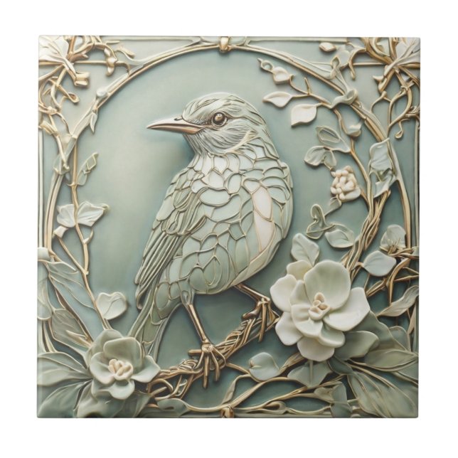 Art nouveau Faux Relief Lämnade Starling Bird Sage Kakelplatta (Framsidan)