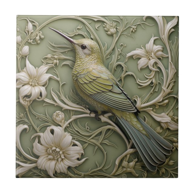 Art nouveau Faux Relief Lämnat Facing Hummingbird  Kakelplatta (Framsidan)