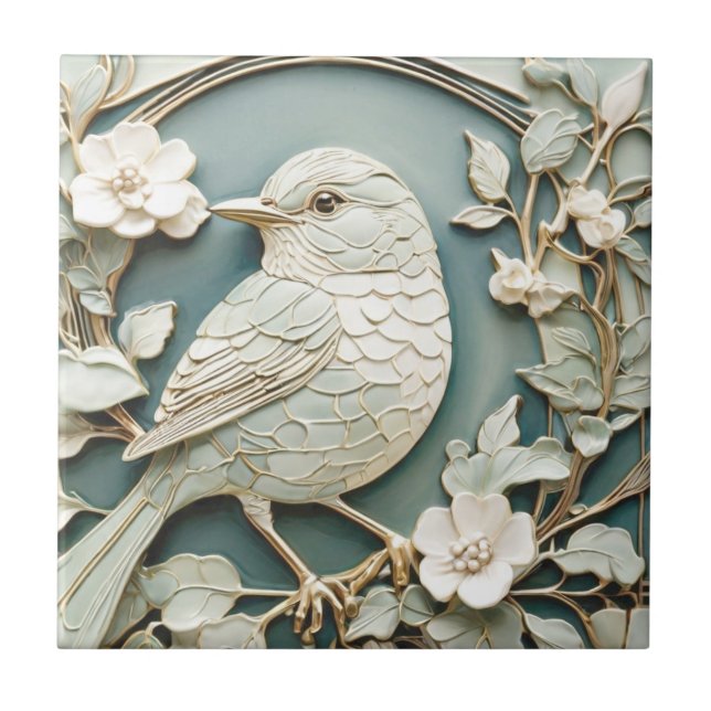 Art nouveau Faux Relief Lämnat Facing Wren Bird Mi Kakelplatta (Framsidan)