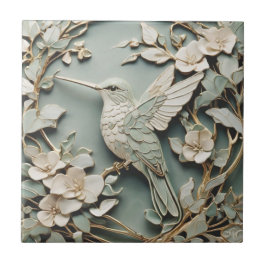 Art nouveau Faux Relief Lämnat Hummingbird Bird Mi Kakelplatta