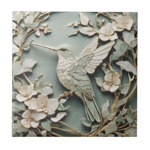 Art nouveau Faux Relief Lämnat Hummingbird Bird Mi Kakelplatta