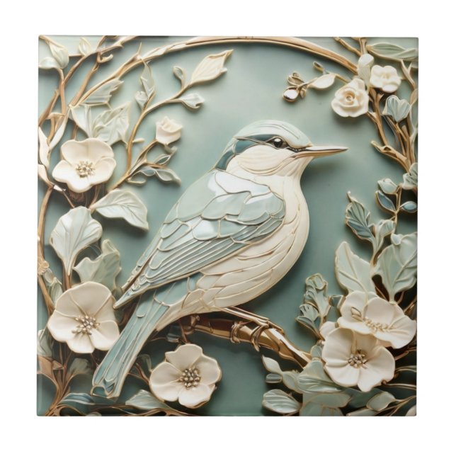 Art nouveau Faux Relief Nuthatch Bird-Höger mot Kakelplatta (Framsidan)
