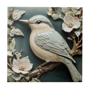 Art nouveau Faux Relief Nuthatch Bird L Turquise Kakelplatta