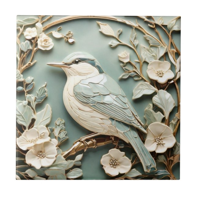 Art nouveau Faux Relief Nuthatch Bird Lämnat vänd Kakelplatta (Framsidan)