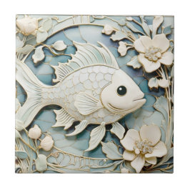 Art nouveau Faux Relief Ocean Fish Höger vänd mot Kakelplatta