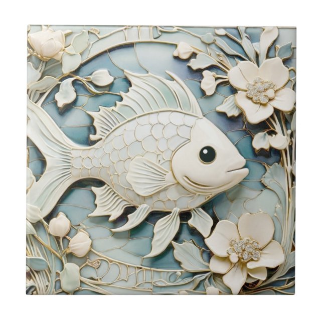 Art nouveau Faux Relief Ocean Fish Höger vänd mot Kakelplatta (Framsidan)