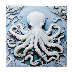 Art nouveau Faux Relief Octopus - Blue & White Kakelplatta