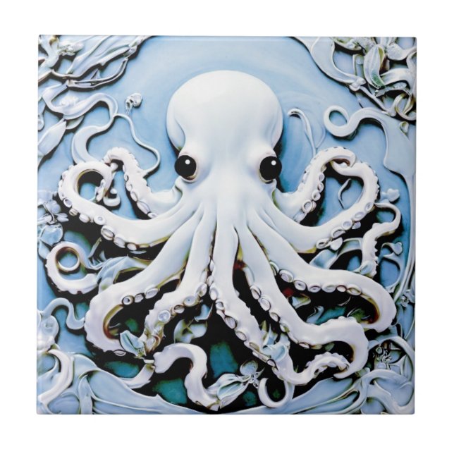 Art nouveau Faux Relief Octopus - Blue & White Kakelplatta (Framsidan)