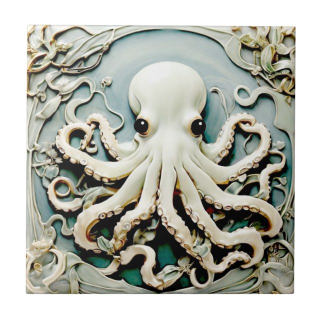 Art nouveau Faux Relief Octopus - Ocean Sea Life Kakelplatta (Framsidan)