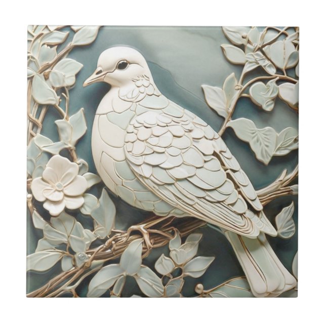 Art nouveau Faux Relief Pigeon Dove Bird Mint Kakelplatta (Framsidan)