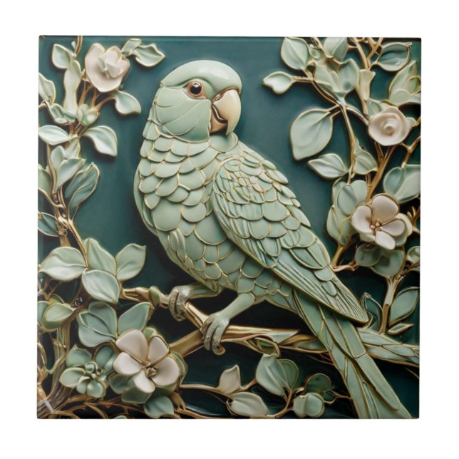 Art nouveau Faux Relief R Parakeet Bird Teal Grönt Kakelplatta (Framsidan)