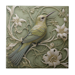 Art nouveau Faux Relief Sage Grönt Hummingbird Kakelplatta