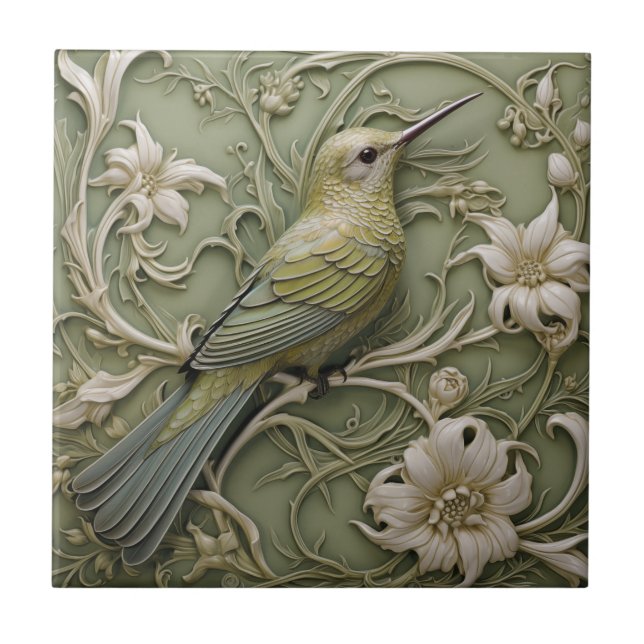 Art nouveau Faux Relief Sage Grönt Hummingbird Kakelplatta (Framsidan)
