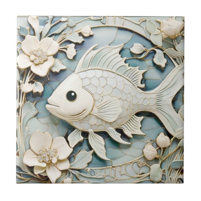 Art nouveau Faux Relief Sea Fish Lämnat vänd mot Kakelplatta (Framsidan)