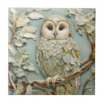 Art nouveau Faux Relief Tawny Uggla Bird Pastel Mi Kakelplatta<br><div class="desc">"girly ornate art nouveau",  "tawny uggla bird",  "faux relief ceramic tile",  "blek mint blue grönt",  "pastel sage lövs and wildlife",  "vintage snyggt leafy nature",  "fransk chic bird vild Birds",  "vackra light baby blue",  "bird sitta träd on gren",  "wood woodland animals antique"</div>