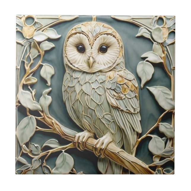 Art nouveau Faux Relief Tawny Uggla Woodland Bird Kakelplatta (Framsidan)