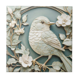 Art nouveau Faux Relief Wren Bird Antique Mint Kakelplatta