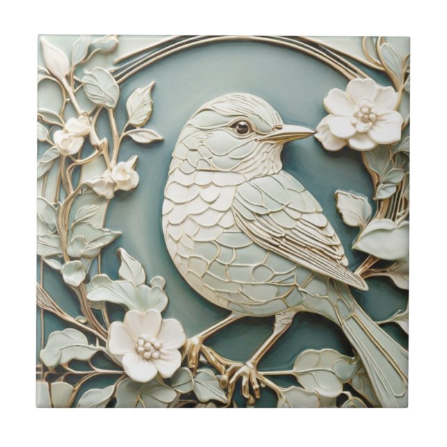 Art nouveau Faux Relief Wren Bird Antique Mint Kakelplatta (Framsidan)