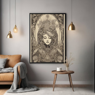 Art nouveau Female Porträtt Intricate Blommigt Art Poster