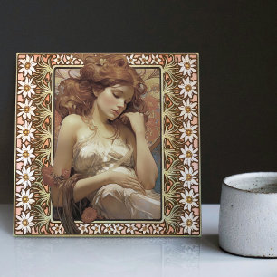 Art nouveau Female Porträtt Mucha Edelweiss Flower Kakelplatta