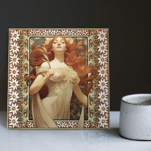 Art nouveau Female Porträtt Mucha Edelweiss Flower Kakelplatta