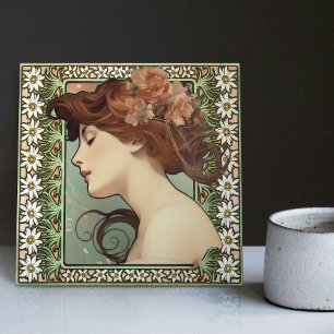Art nouveau Female Porträtt Mucha Edelweiss Flower Kakelplatta