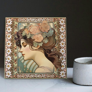 Art nouveau Female Porträtt Mucha Edelweiss Flower Kakelplatta