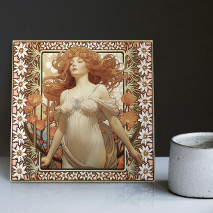 Art nouveau Female Porträtt Mucha Edelweiss Flower Kakelplatta