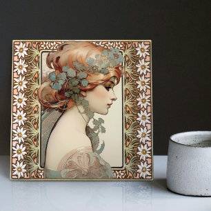 Art nouveau Female Porträtt Mucha Edelweiss Flower Kakelplatta