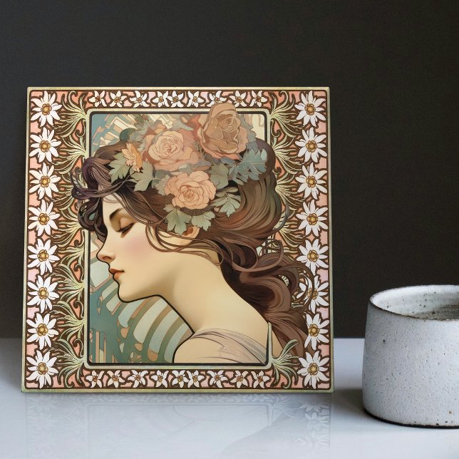 Art nouveau Female Porträtt Mucha Edelweiss Flower Kakelplatta (Skapare uppladdad)