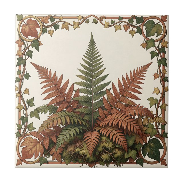 Art Nouveau Fern Ormbunst Botanisk  Kakelplatta (Framsidan)
