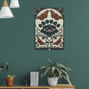 Art Nouveau Fjäril Blommig Botanisk Konsttryck Poster