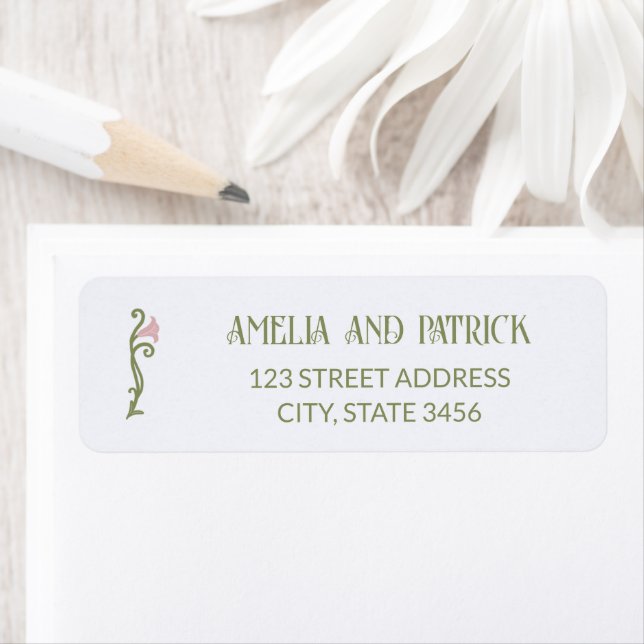 Art Nouveau Floral Green and Pink Wedding Returadress Etikett (Insitu)