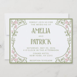 Art Nouveau Floral Wedding Green and Pink Inbjudningar