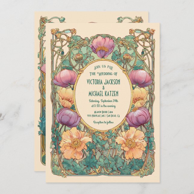 Art Nouveau Floral Wedding Invitation Inbjudningar (Fram/baksida)
