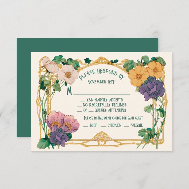 Art Nouveau Floral Wedding RSVP response card Inbjudningar (Fram/baksida)