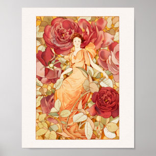 Art nouveau Flower Fairy with Red & Orange Rosor Poster