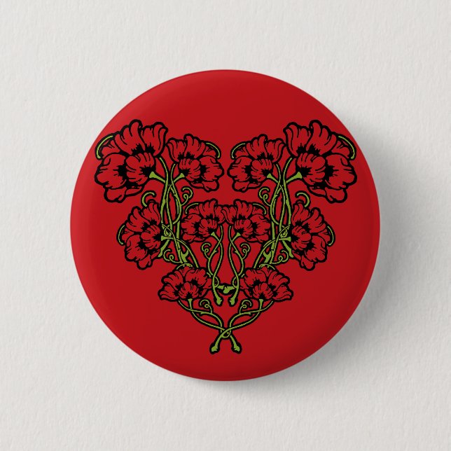 Art nouveau Flower Heart Red Pinback-knapp Knapp (Framsida)