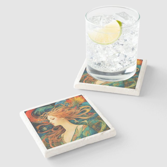 Art Nouveau "Flowing Redhead" Marble Coaster Stenunderlägg (Sidan)