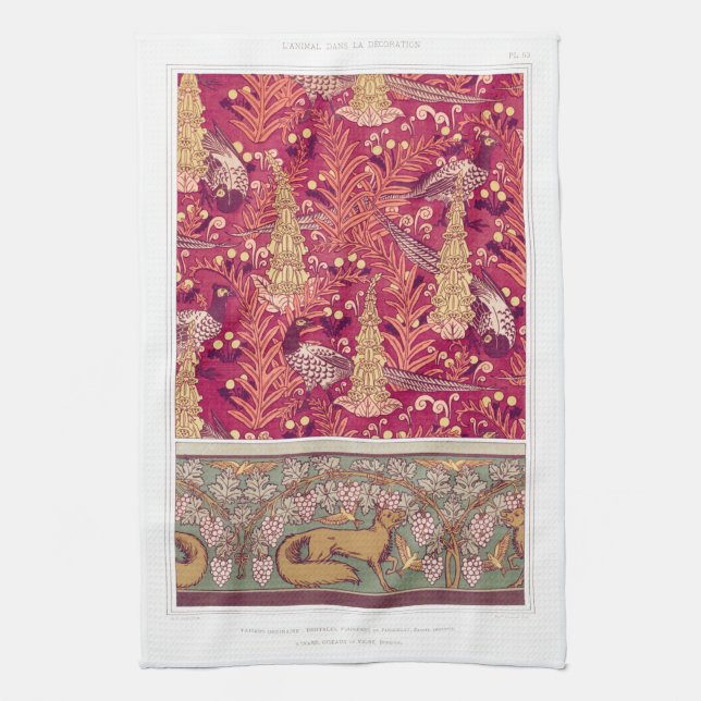 Art nouveau fox pheasant Foxglove verneuil red Kökshandduk (Vertikal)