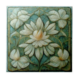 Art nouveau Fransk Vit Blommigt, Blått Vintage Art Kakelplatta