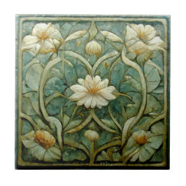 Art nouveau, Fransk vit Blommigt, dekorativ blå Kakelplatta