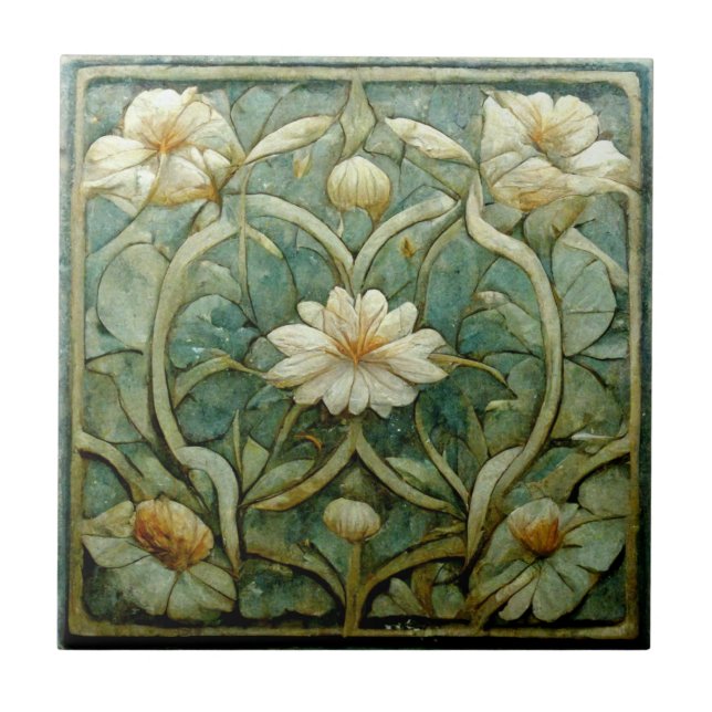 Art nouveau, Fransk vit Blommigt, dekorativ blå Kakelplatta (Framsidan)