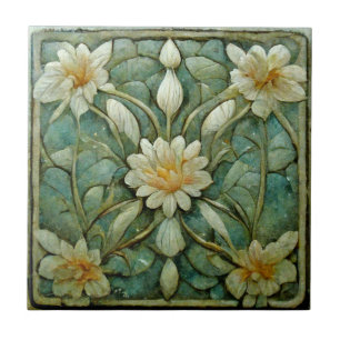 Art nouveau, Fransk Vit Blommigt, Vackblått. Kakelplatta