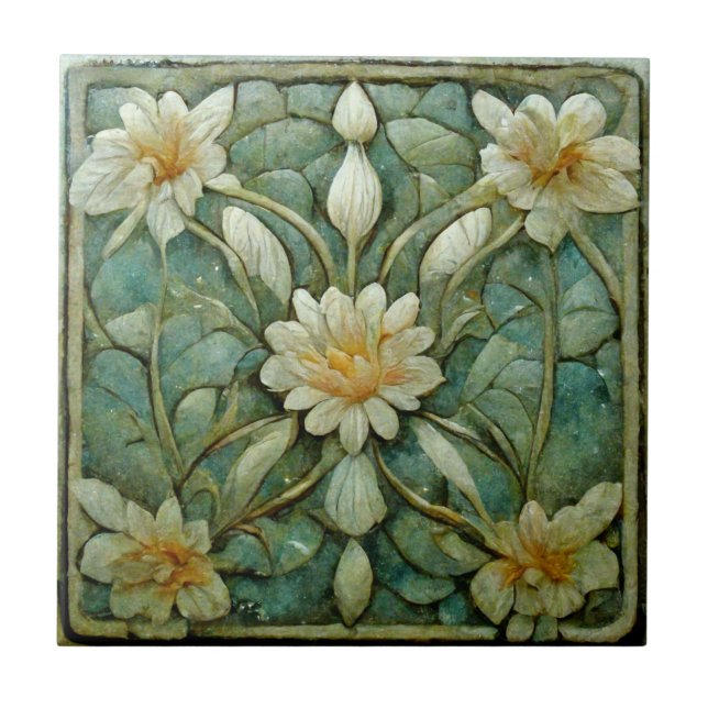 Art nouveau, Fransk Vit Blommigt, Vackblått. Kakelplatta (Framsidan)