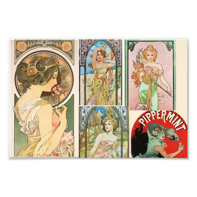 Art nouveau Fransk Women Art Mosaic Fototryck (Framsidan)